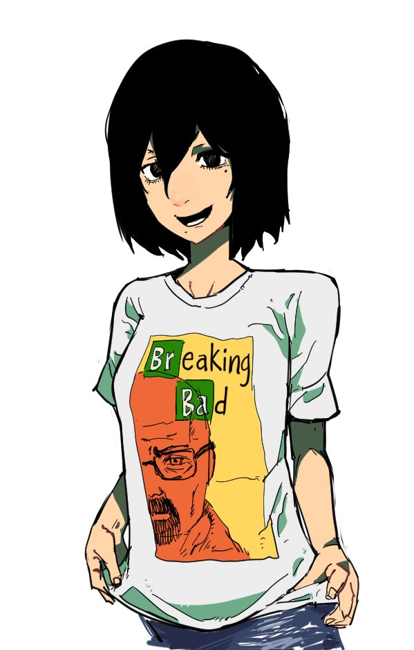 1girl black_hair breaking_bad breasts fire_punch hair_between_eyes holding holding_clothes holding_shirt looking_at_viewer meme mole mole_under_eye mole_under_mouth open_mouth sen_(sus_pain) shirt short_hair simple_background small_breasts smile solo togata_(fire_punch) walter_white white_background white_shirt