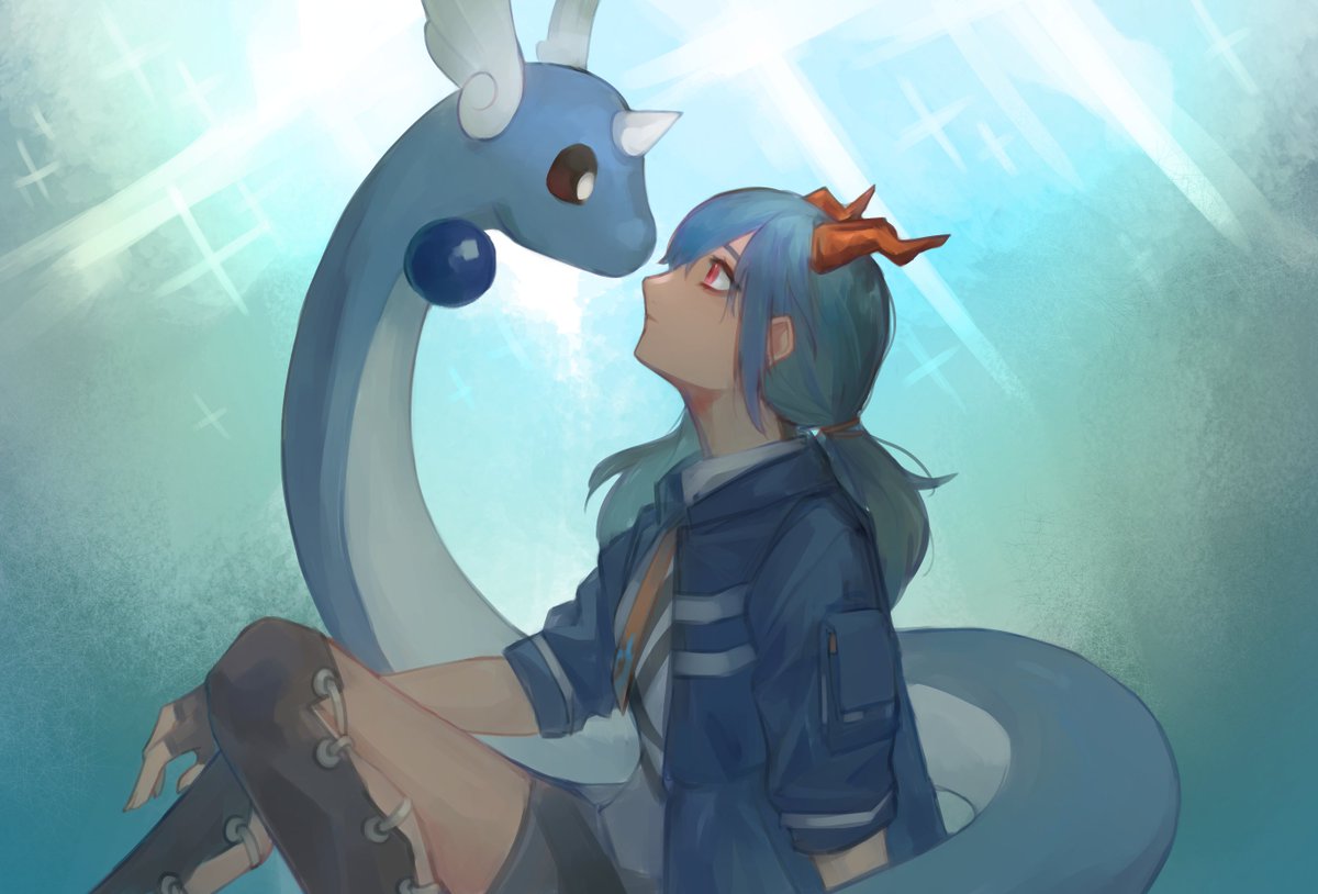 1girl arknights bad_id bad_twitter_id black_shorts blue_hair ch'en_(arknights) commentary crossover dragonair haqlue horns jacket necktie pokemon pokemon_(creature) red_eyes shirt shorts white_shirt