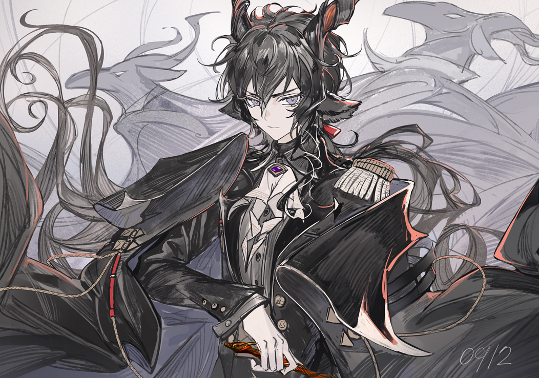 1boy animal_ears animal_head arknights ascot baton_(conducting) black_cloak black_hair black_suit cloak ebenholz_(arknights) epaulettes formal glaring gloves goat_ears goat_horns horns long_hair male_focus ponytail ryuuzaki_ichi solo suit violet_eyes white_gloves