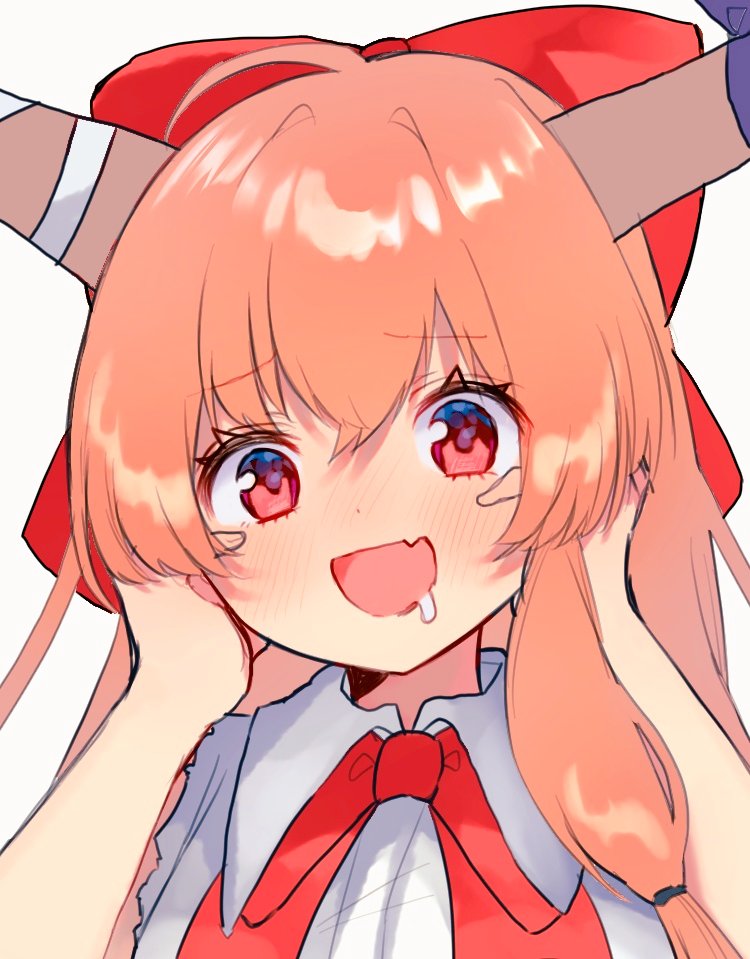 1girl :d bangs blush bow bowtie brown_horns cookie_(touhou) fang hair_bow hands_on_own_cheeks hands_on_own_face horns ibuki_suika long_hair looking_at_viewer nadhia_14 open_mouth orange_hair portrait red_bow red_bowtie red_eyes shirt simple_background skin_fang sleeveless sleeveless_shirt smile solo touhou white_background yamin_(cookie)