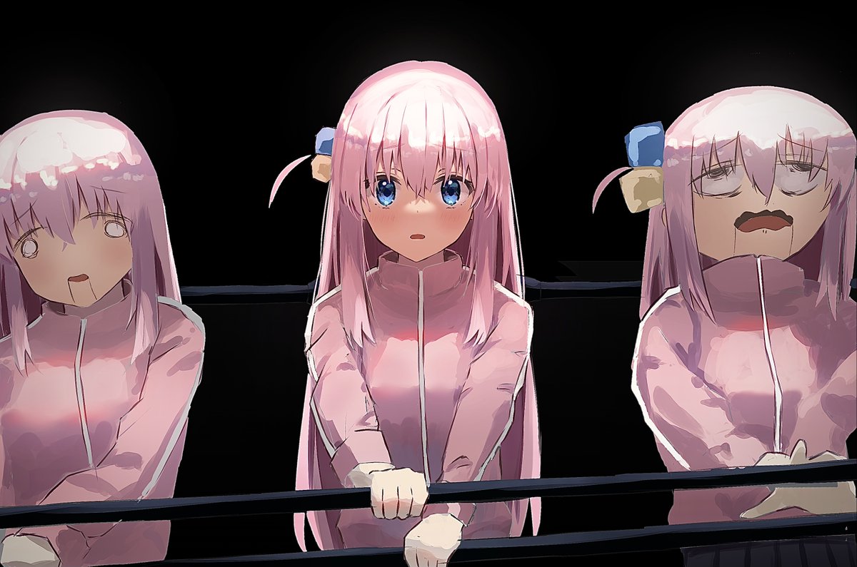1girl bangs blue_eyes bocchi_the_rock! butasanp gotou_hitori hair_between_eyes hair_cubes hair_ornament holding jacket jersey long_hair long_sleeves one_side_up open_mouth pink_hair pink_jacket solo track_jacket