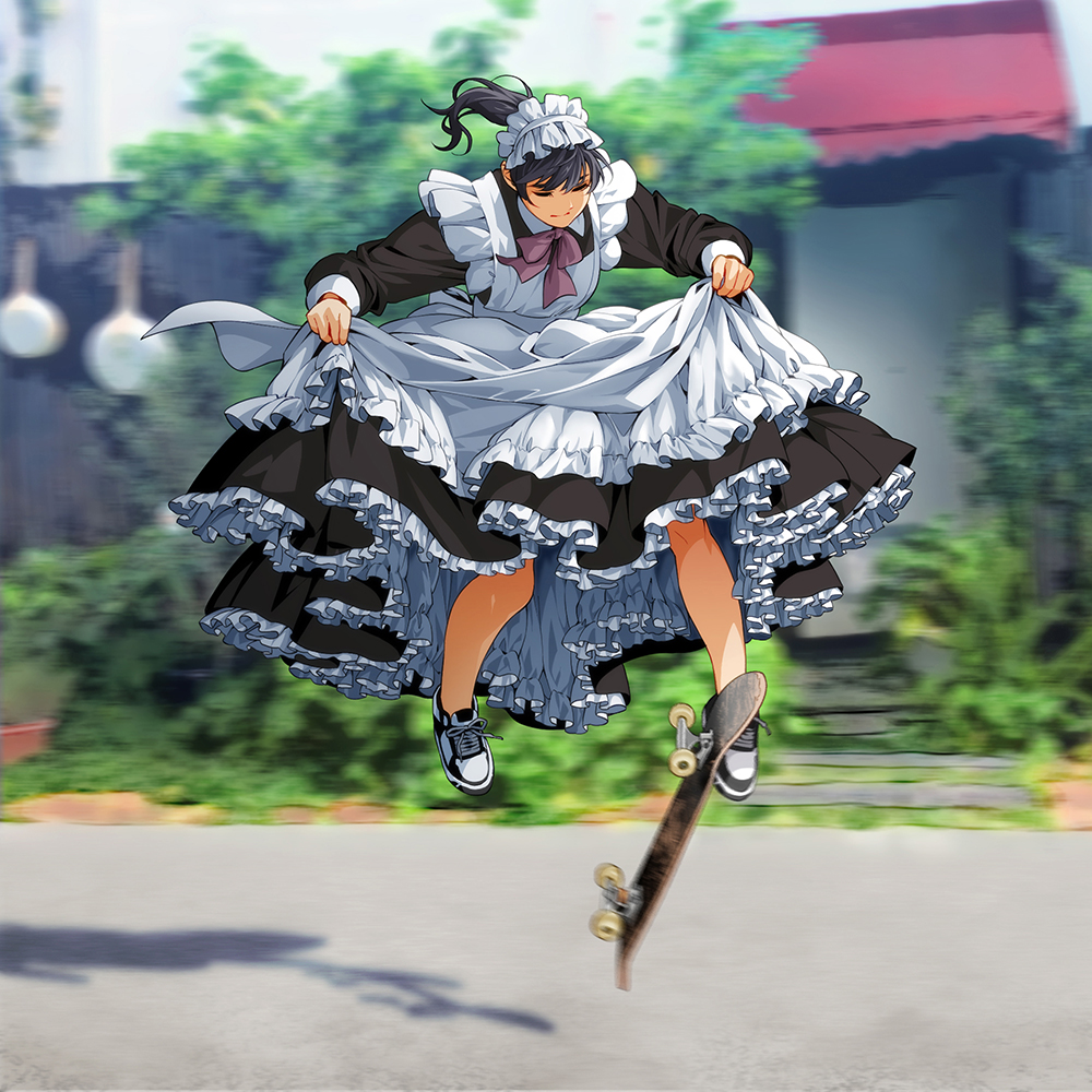 1girl apron bush closed_eyes frilled_skirt frills long_skirt maid maid_apron maid_headdress midair original road shoes skateboard skateboarding skirt sneakers solo suzushiro_(suzushiro333) tree