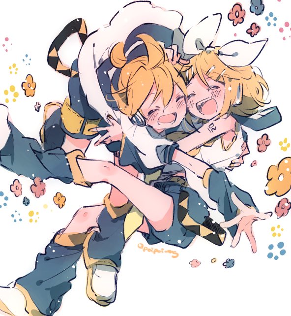 ^_^ ahoge bare_shoulders belt blonde_hair blush bow brother_and_sister cheek-to-cheek closed_eyes detached_sleeves flower glomp hair_bow hair_ornament hairclip happy hazime headphones heads_together headset hug kagamine_len kagamine_rin leg_warmers neckerchief number_tattoo open_mouth sailor_collar shirt shoes short_ponytail shorts shoulder_tattoo siblings sleeveless sleeveless_shirt smile sneakers tattoo twins vocaloid white_bow yellow_neckerchief