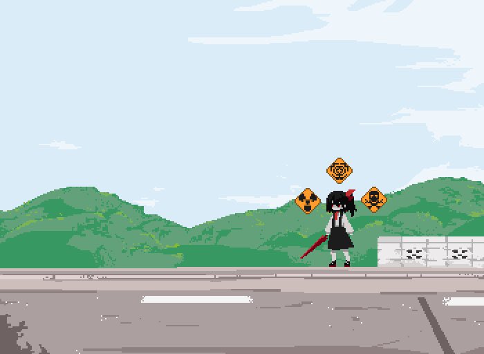 1girl ascot bangs black_hair black_skirt blue_sky bow clouds colored_skin cookie_(touhou) day full_body hair_bow holding holding_umbrella long_hair mountainous_horizon no_mouth outdoors pixel_art ponytail radiation_symbol red_ascot red_bow red_eyes red_umbrella road road_sign shirt sign siyudi_(cookie) skirt skull_and_crossbones sky solo sparseseethe standing suspender_skirt suspenders umbrella white_shirt white_skin