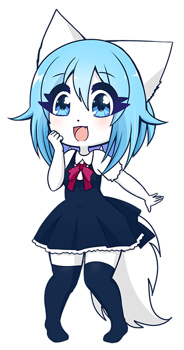 1girl animal_ears back_bow bangs bare_shoulders barefoot black_legwear blue_eyes blue_hair blush body_fur bow chibi collared_shirt depth_of_field dress dress_shirt fang frilled_skirt frills full_body furry furry_female gacha_club hair_between_eyes hand_on_own_face high-waist_skirt highres official_art open_mouth original plaid plaid_bow puffy_short_sleeves puffy_sleeves red_neckerchief red_ribbon short_hair signature simple_background solo thick_eyelashes thigh-highs thighs transparent_background vest white_fur white_shirt wolf_ears wolf_girl wolf_tail wolfychu zettai_ryouiki