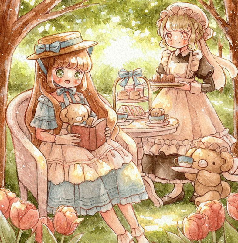 2girls apron backlighting bangs bear black_shirt blue_bow blue_dress blue_ribbon blush book bow branch brown_eyes brown_footwear brown_hair clothing_cutout collar cup day dress drink flower foliage food food_request frilled_dress frilled_socks frills gloves grass green_eyes hair_bow hat hat_ribbon holding holding_book holding_saucer holding_tray leaf light_brown_hair lolita_fashion long_hair long_sleeves maid maid_headdress multiple_girls nature on_chair one_eye_closed open_mouth original painting_(medium) peeking pink_flower pink_tulip plant porcelain reading ribbon round_table sakano_machi saucer serving_dome shiny shiny_hair shirt shoulder_cutout sitting sleeve_cuffs smile socks standing stuffed_animal stuffed_toy sunlight table tea_party teacup traditional_media tray tree tulip two-tone_dress under_tree watercolor_(medium) white_apron white_collar white_gloves white_headwear white_socks