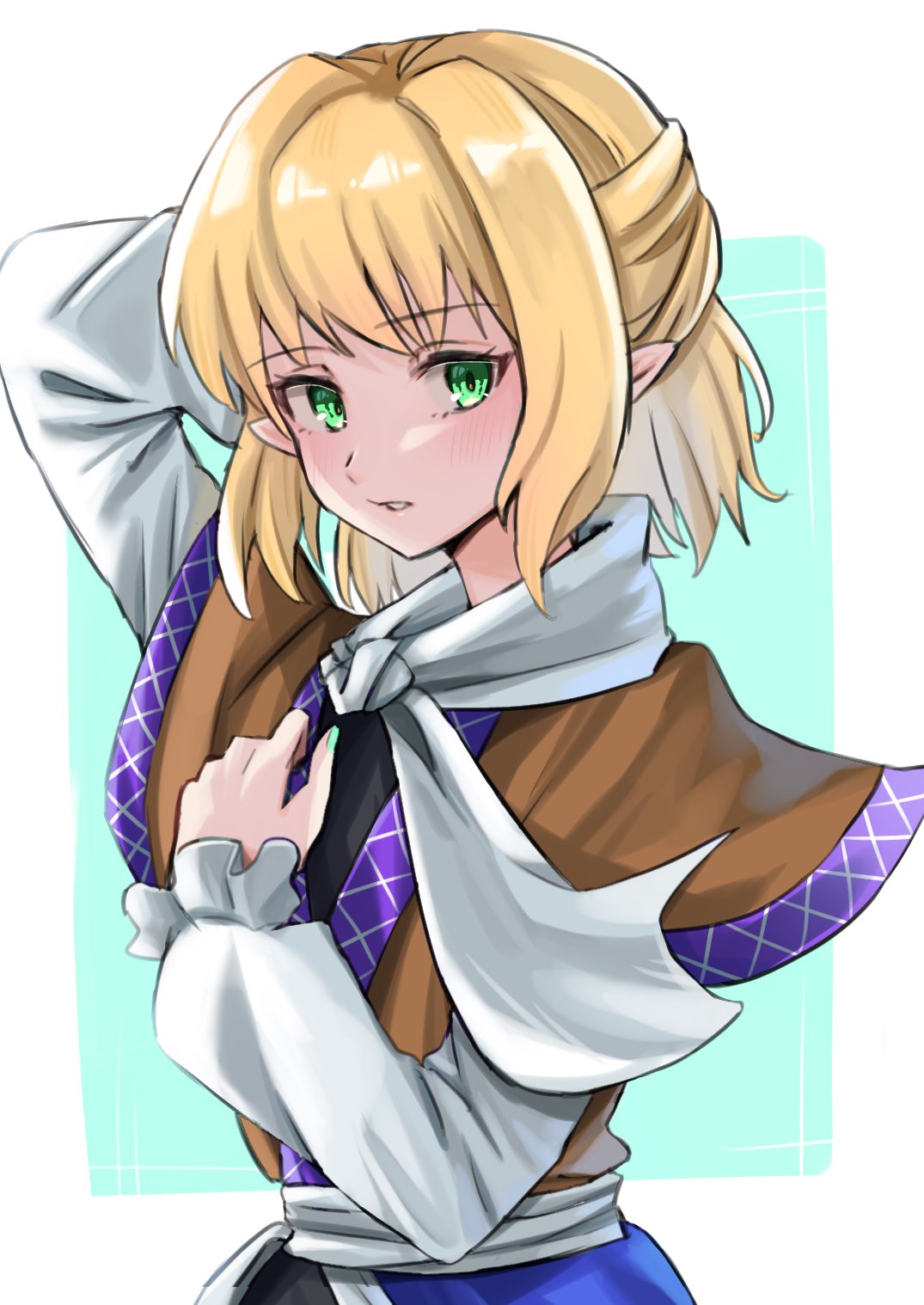 1girl arm_warmers bangs black_shirt blonde_hair blush brown_shirt commentary expressionless flat_chest green_eyes half_updo highres looking_at_viewer mizuhashi_parsee otsu_toho parted_lips scarf shirt short_hair short_sleeves solo touhou undershirt upper_body white_scarf