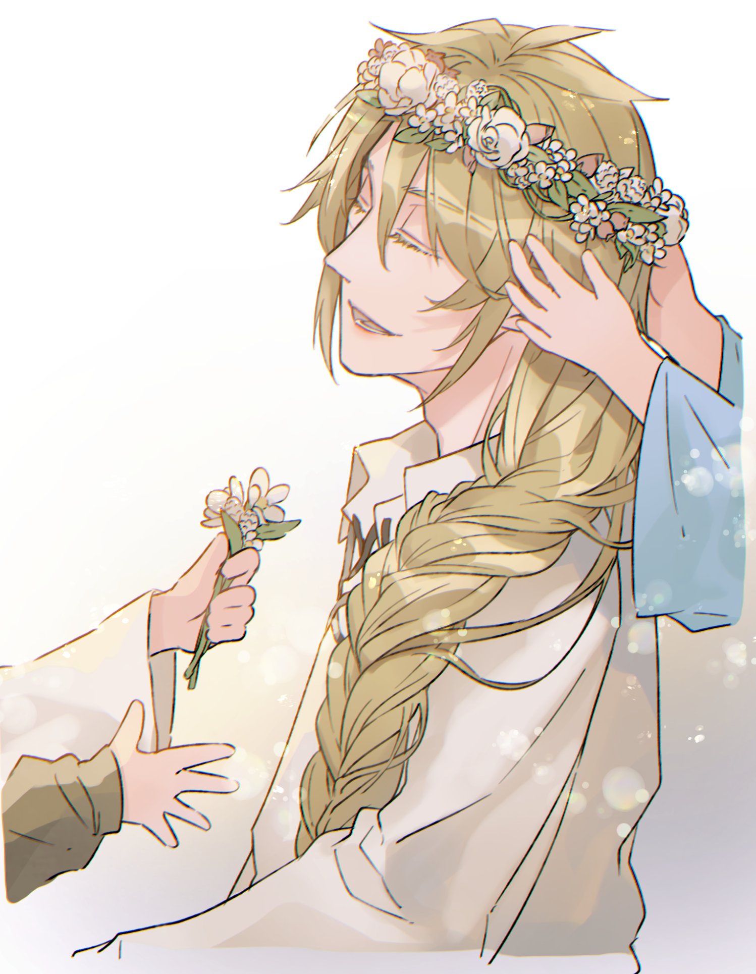 1boy :d aglovale_(granblue_fantasy) blonde_hair braid closed_eyes collared_shirt flower flower_wreath granblue_fantasy hair_between_eyes hair_over_shoulder hand_on_another's_head head_tilt head_wreath highres holding holding_flower lens_flare lower_teeth male_focus out_of_frame pink_flower shirt simple_background single_braid smile solo_focus teeth tokikane_mikan upper_body white_flower white_shirt