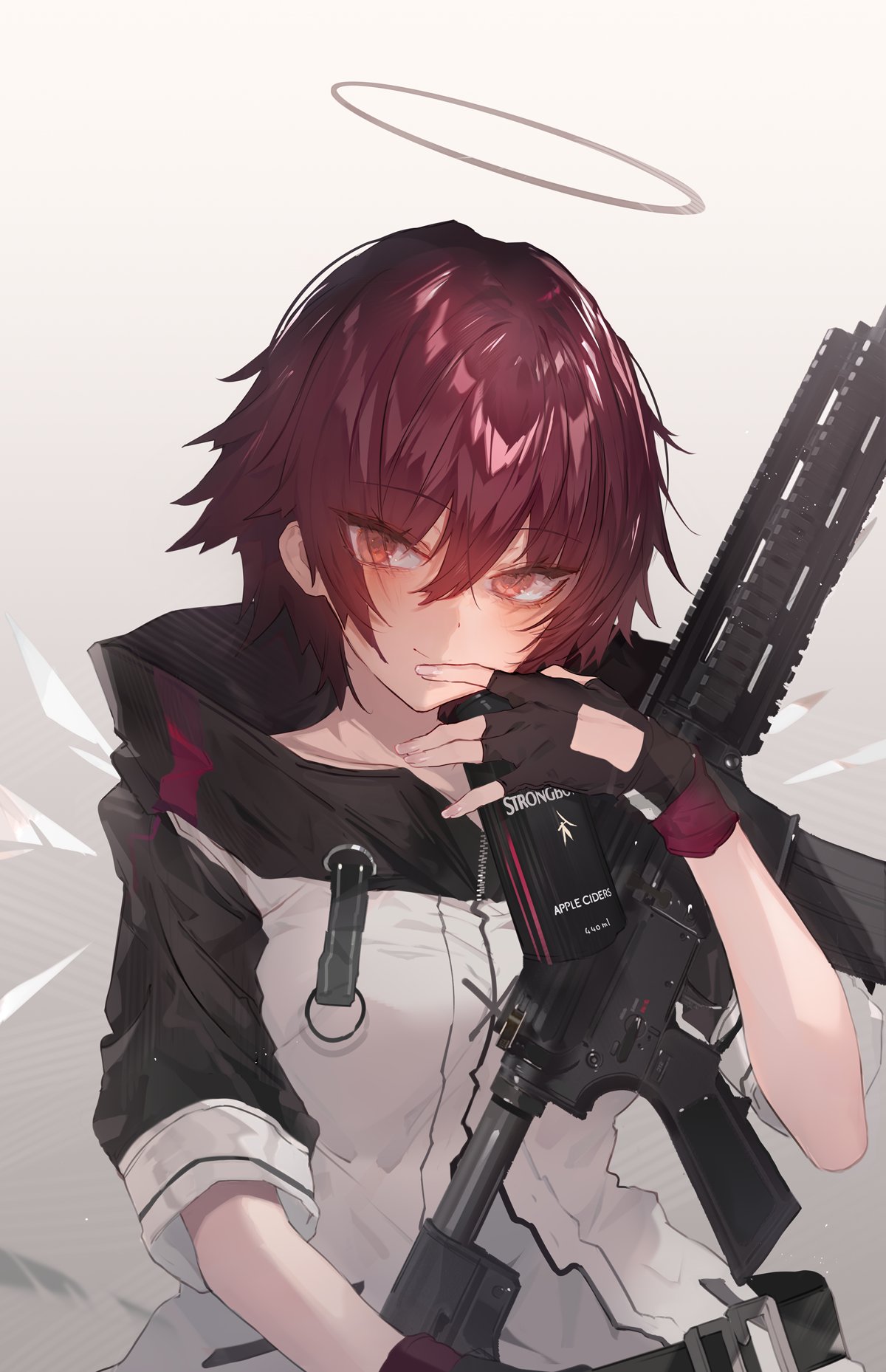 1girl arknights assault_rifle bangs belt black_gloves closed_mouth exusiai_(arknights) fingerless_gloves gloves gun h&amp;k_hk416 halo highres holding holding_gun holding_weapon jacket looking_at_viewer redhead rifle short_hair short_sleeves smile solo soukou_makura upper_body weapon white_jacket wings yellow_eyes