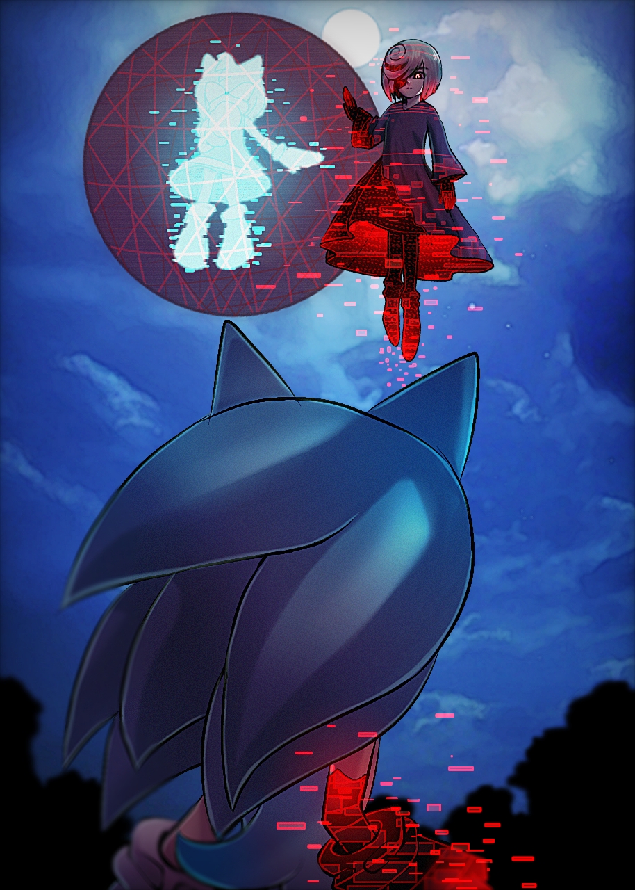 1boy 2girls amy_rose black_dress cang_she clouds dress floating from_behind full_moon gloves highres moon multiple_girls night night_sky one_eye_covered outdoors sage_(sonic) sky sonic_(series) sonic_frontiers sonic_the_hedgehog white_gloves white_hair