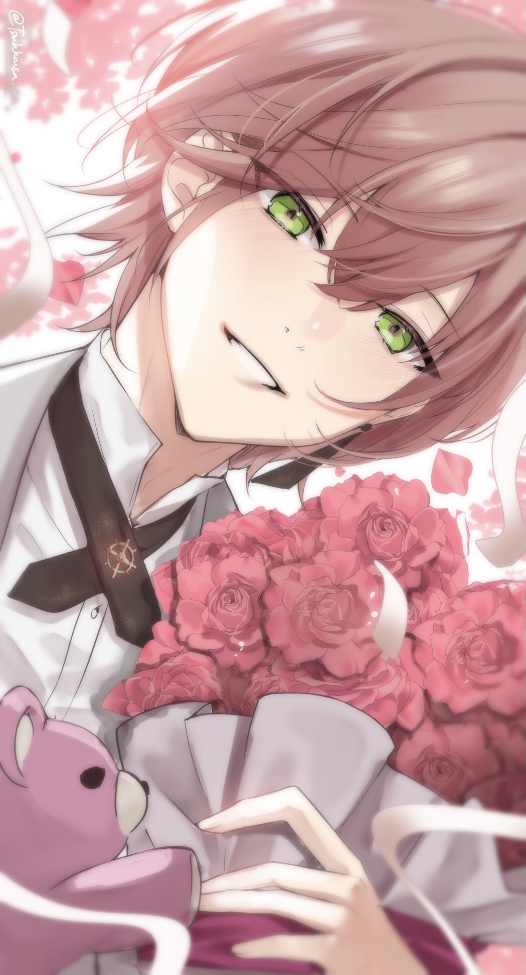 1boy bouquet confetti cross_tie earrings flower gears green_eyes hair_between_eyes highres holding holding_bouquet holostars jacket jewelry looking_at_viewer male_focus official_alternate_costume parted_lips petals pink_flower pink_hair pink_rose rikka_(holostars) rose shirt short_hair single_earring smile solo spanner_(holostars) streamers stuffed_animal stuffed_toy teddy_bear tsukky upper_body virtual_youtuber white_jacket white_shirt