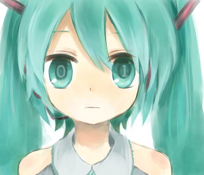 1girl :d aqua_eyes aqua_hair bare_shoulders commentary_request electric_angel_(vocaloid) grey_shirt hatsune_miku long_hair looking_at_viewer necktie roy-n shirt sleeveless sleeveless_shirt smile solo twintails upper_body vocaloid