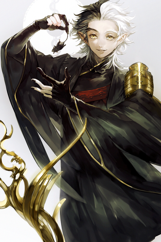1boy black_gloves black_hair black_kimono black_nails gloves hand_up japanese_clothes kimono long_eyebrows long_hair looking_at_viewer male_focus mouse multicolored_hair onitobico parted_lips partially_fingerless_gloves pixiv_fantasia pixiv_fantasia_age_of_starlight pointy_ears simple_background smile solo split-color_hair standing two-tone_hair white_hair yamai_nezumi yellow_eyes