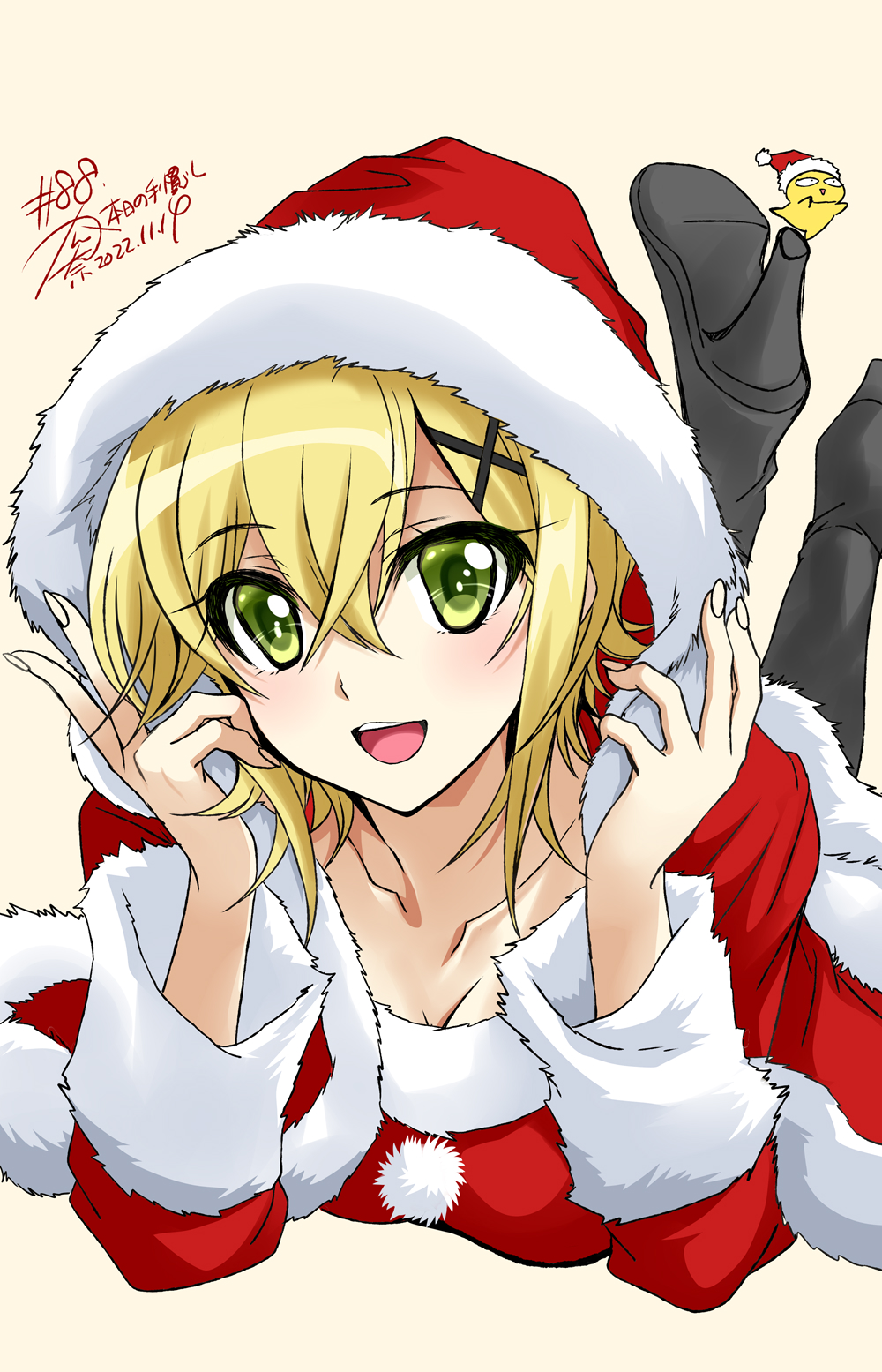 1girl 2022 akatsuki_kirika artist_self-insert bangs blonde_hair blush breasts christmas dated green_eyes hair_ornament high_heels highres hood kanna_(plum) looking_at_viewer lying numbered open_mouth painttool_sai_(medium) santa_costume senki_zesshou_symphogear shiny shiny_hair shiny_skin short_hair signature simple_background solo thigh-highs