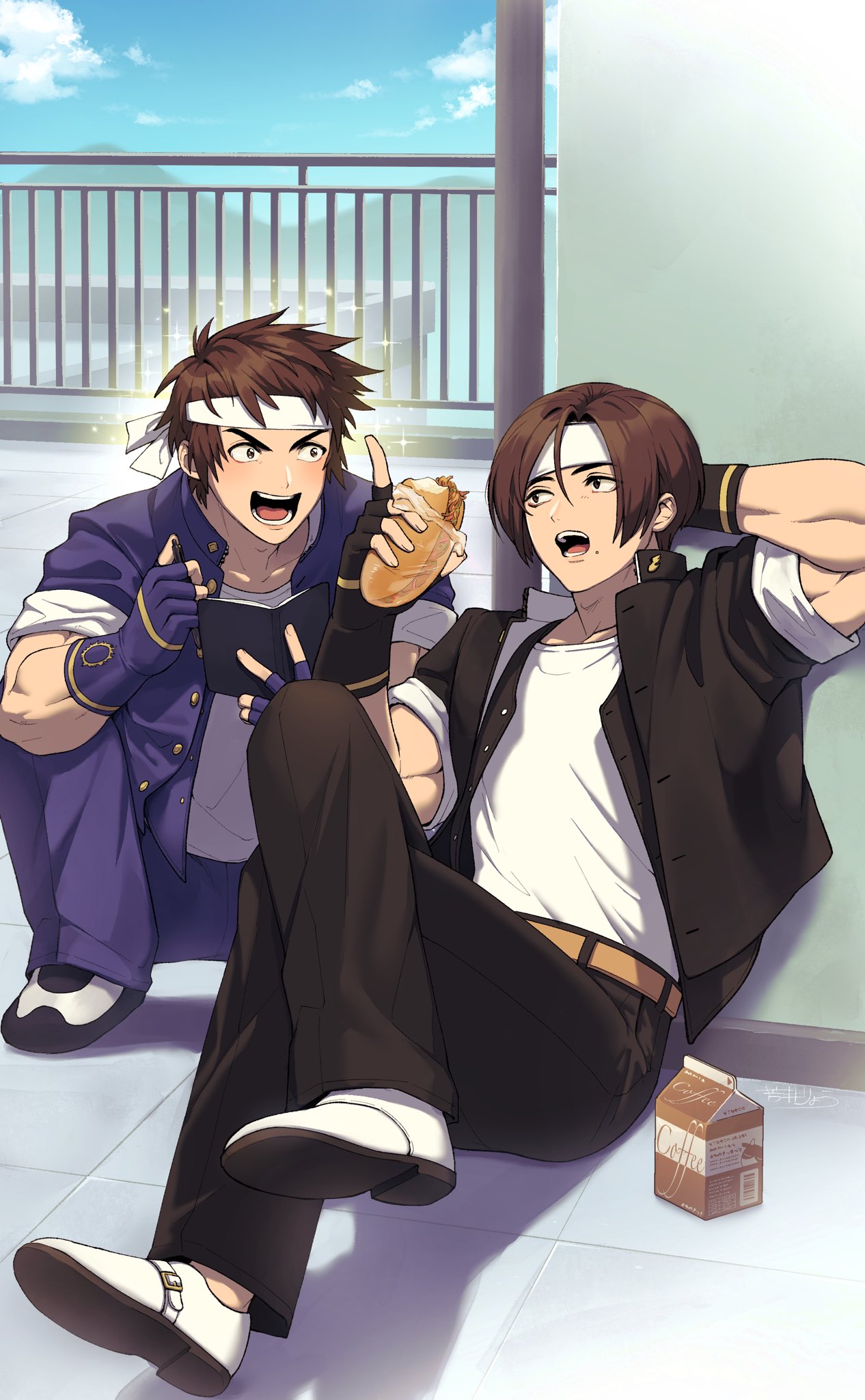 2boys arm_behind_head black_gloves black_jacket black_pants blue_gloves blue_jacket blue_pants brown_hair fingerless_gloves food full_body gloves hairband highres holding holding_food jacket kusanagi_kyou looking_at_another male_focus multiple_boys open_mouth outdoors pants ryo_yo_shi shirt short_hair squatting the_king_of_fighters v-shaped_eyebrows white_footwear white_hairband white_shirt yabuki_shingo