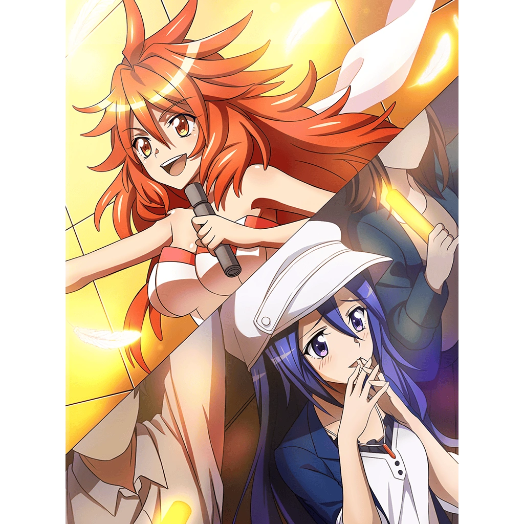 1boy 3girls amou_kanade artist_request bad_source bare_shoulders blue_eyes blue_hair blush breasts glowstick hat jewelry kazanari_tsubasa large_breasts long_hair microphone multiple_girls multiple_views necklace official_art open_mouth redhead senki_zesshou_symphogear senki_zesshou_symphogear_xd_unlimited shiny shiny_hair shiny_skin smile yellow_eyes yuri