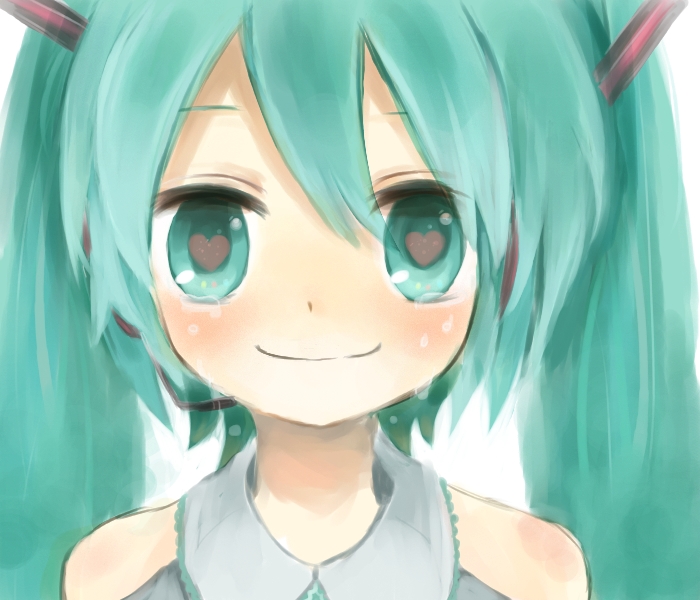 1girl :d aqua_eyes aqua_hair bare_shoulders closed_mouth commentary_request crying crying_with_eyes_open electric_angel_(vocaloid) grey_shirt hatsune_miku heart heart-shaped_pupils long_hair looking_at_viewer necktie roy-n shirt sleeveless sleeveless_shirt smile solo symbol-shaped_pupils tears twintails upper_body vocaloid