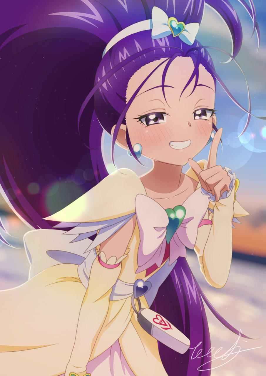 1girl arm_warmers birthday bow brooch cowboy_shot cure_egret day dress futari_wa_precure_splash_star hairband happy_birthday heart_brooch highres jewelry long_hair looking_at_viewer mishou_mai outdoors pouch precure purple_hair signature smile solo tiler_(tiler00) violet_eyes white_bow white_dress