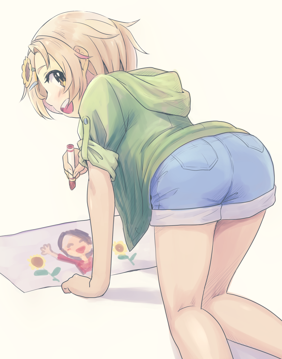 1girl :d all_fours bare_legs blonde_hair blue_shorts blush denim denim_shorts drawing flower green_jacket hair_flower hair_ornament highres holding hood hood_down hooded_jacket idolmaster idolmaster_cinderella_girls jacket looking_at_viewer looking_back open_clothes open_jacket ryuzaki_kaoru short_hair short_shorts short_sleeves shorts simple_background smile solo sunflower_hair_ornament white_background yama_tatsuo