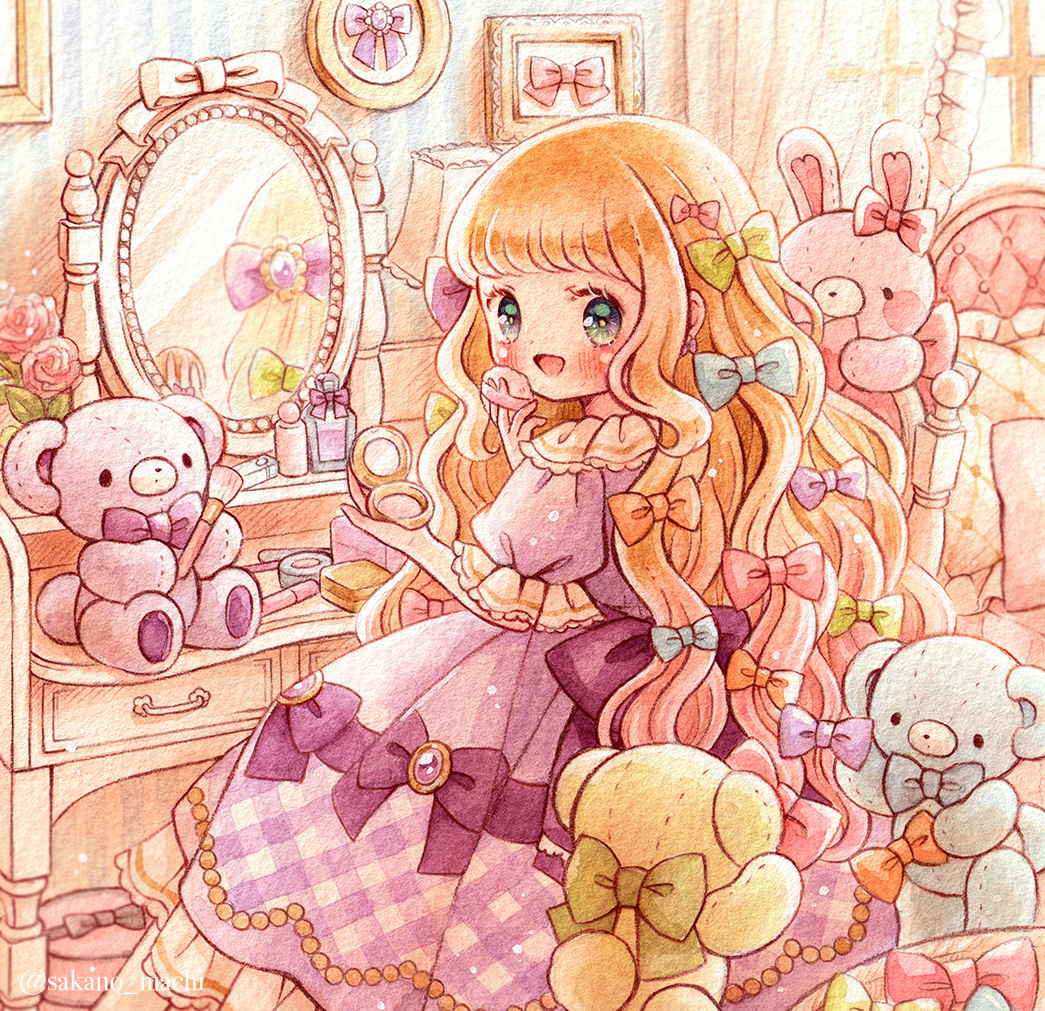 1girl applying_makeup bangs beads blue_bow blue_eyes blush bottle bow brown_hair checkered_clothes checkered_dress couch curtains day dress earrings flower flower_earrings frilled_dress frills gem green_bow hair_bow holding holding_brush indoors jewelry lampshade leaf lolita_fashion long_hair looking_at_viewer makeup makeup_brush mirror on_chair orange_bow original painting_(medium) perfume_(cosmetics) perfume_bottle picture_frame pink_bow pink_flower pink_rose puffy_short_sleeves puffy_sleeves purple_bow purple_dress purple_gemstone reflection ribbon rose sakano_machi short_sleeves sitting sleeve_cuffs solo stuffed_animal stuffed_bunny stuffed_toy table teddy_bear too_many_bows traditional_media two-tone_dress vanity_table wallpaper_(object) watercolor_(medium) white_trim window