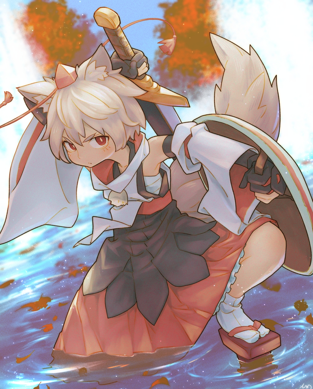 1girl black_skirt brown_footwear closed_mouth detached_sleeves full_body geta highres holding holding_shield inubashiri_momiji looking_at_viewer outdoors pom_pom_(clothes) red_eyes red_skirt shield shirt skirt socks solo squatting sword sword_behind_back tail tessaku_ro touhou weapon white_hair white_shirt white_socks wide_sleeves wolf_tail