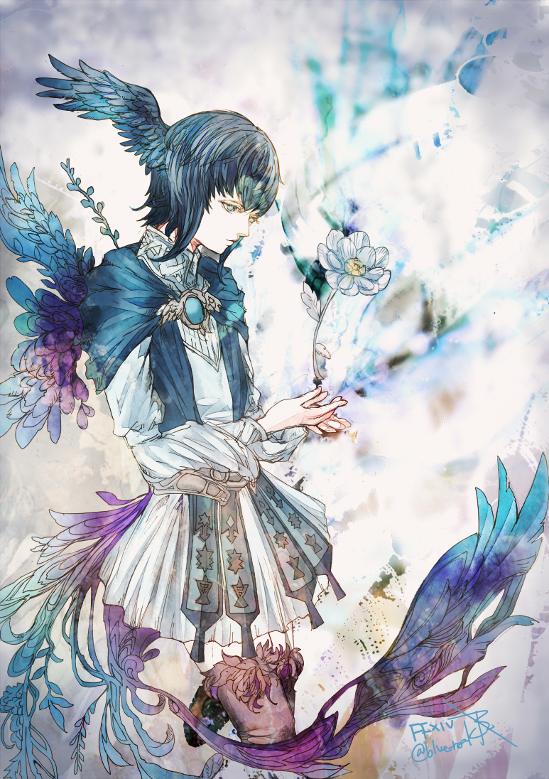 1girl bangs bird_legs bird_tail bird_wings blue_capelet blue_eyes blue_hair capelet dress feathered_wings final_fantasy final_fantasy_xiv flower head_wings long_sleeves meteion ruka_(blueplus84) short_hair solo tail wings