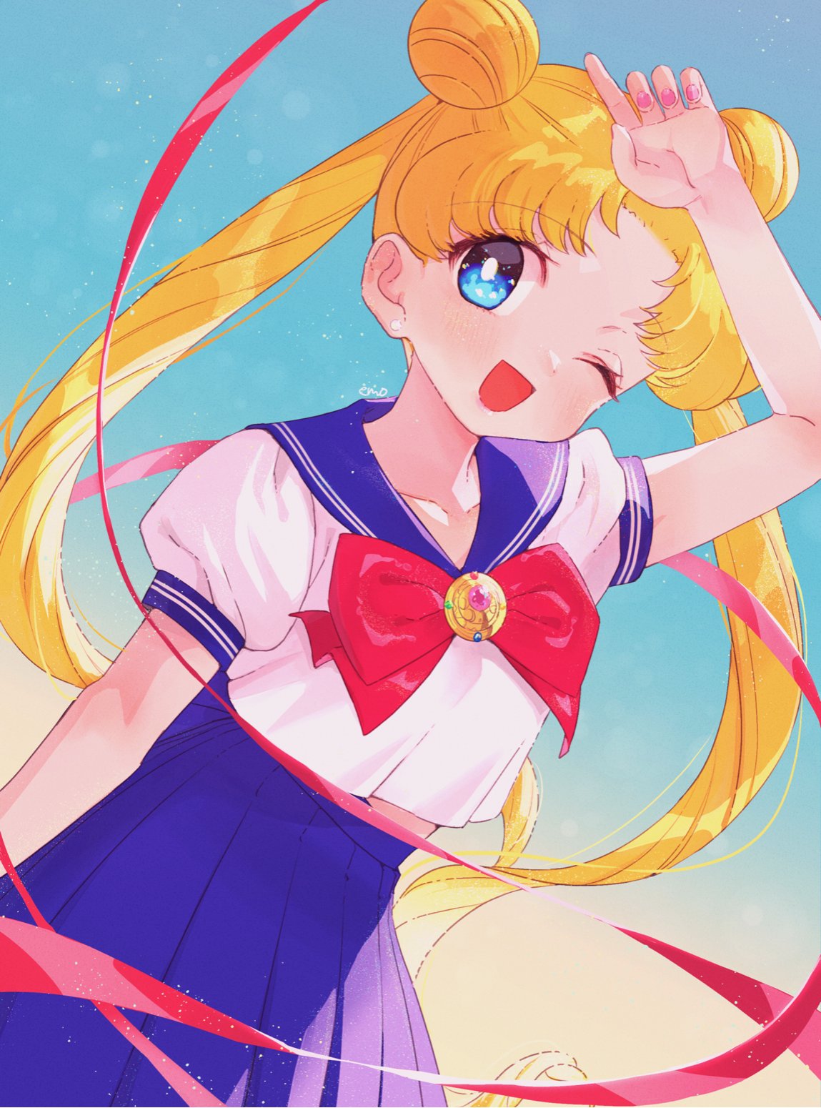 1girl bangs bishoujo_senshi_sailor_moon blonde_hair blue_eyes blue_sailor_collar blue_skirt bow bowtie brooch double_bun earrings hair_bun highres jewelry long_hair long_sleeves medium_skirt one_eye_closed parted_bangs pleated_skirt red_bow red_bowtie sailor_collar school_uniform serafuku shirt simple_background skirt smile solo stud_earrings tsukino_usagi very_long_hair white_background white_shirt yyemoyy