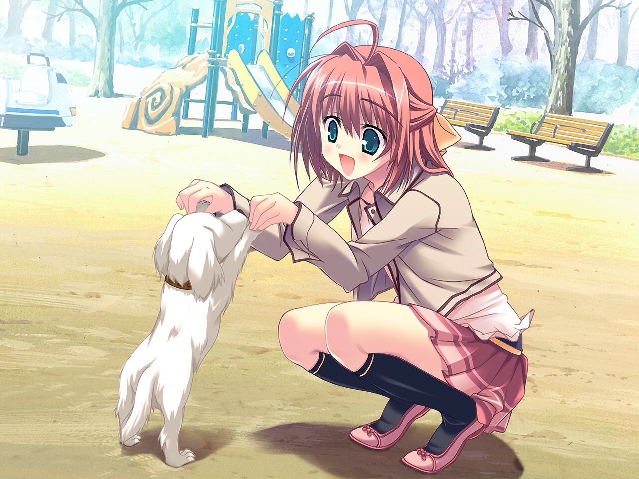 1girl :d ahoge bench black_socks blush bow brown_hair brown_skirt day dog full_body game_cg green_eyes grey_jacket hair_bow hair_intakes hamashima_shigeo jacket kneehighs long_hair long_sleeves miniskirt open_clothes open_jacket open_mouth outdoors park park_bench pink_footwear pleated_skirt sentinel_(clockup) shiny shiny_hair shirt skirt smile socks solo squatting white_shirt yellow_bow yorimoto_mioamakusa_tobari