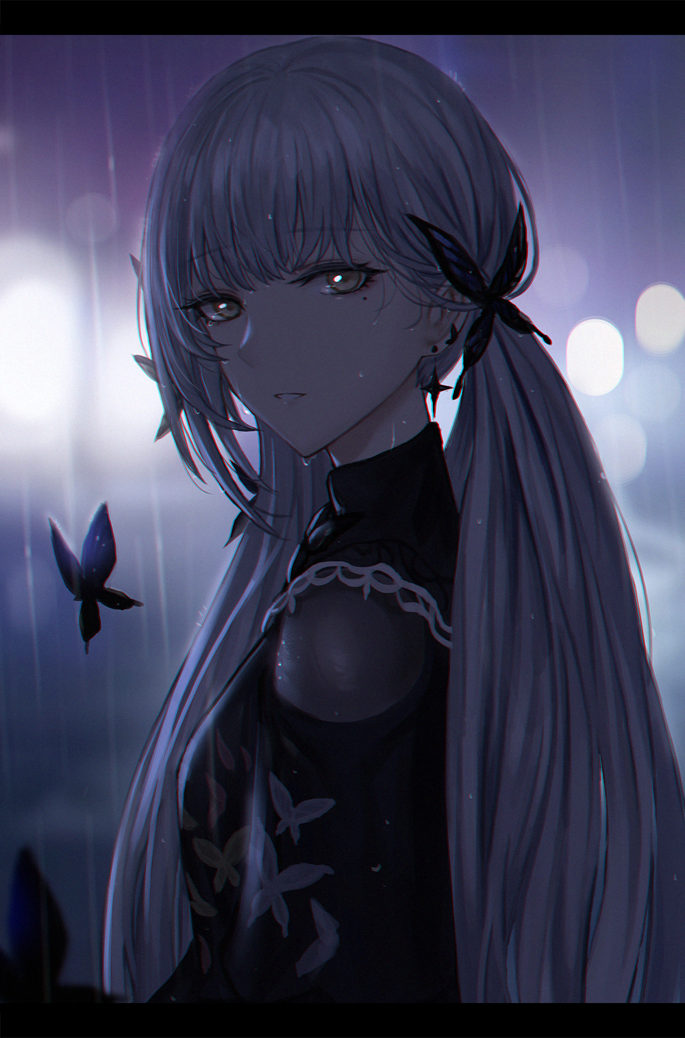 1girl bangs bug butterfly character_request chinese_commentary commentary_request from_side girls'_frontline_neural_cloud grey_hair hair_ornament highres long_hair long_sleeves looking_at_viewer looking_to_the_side mixed-language_commentary mole mole_under_eye parted_lips rain selcky twintails upper_body