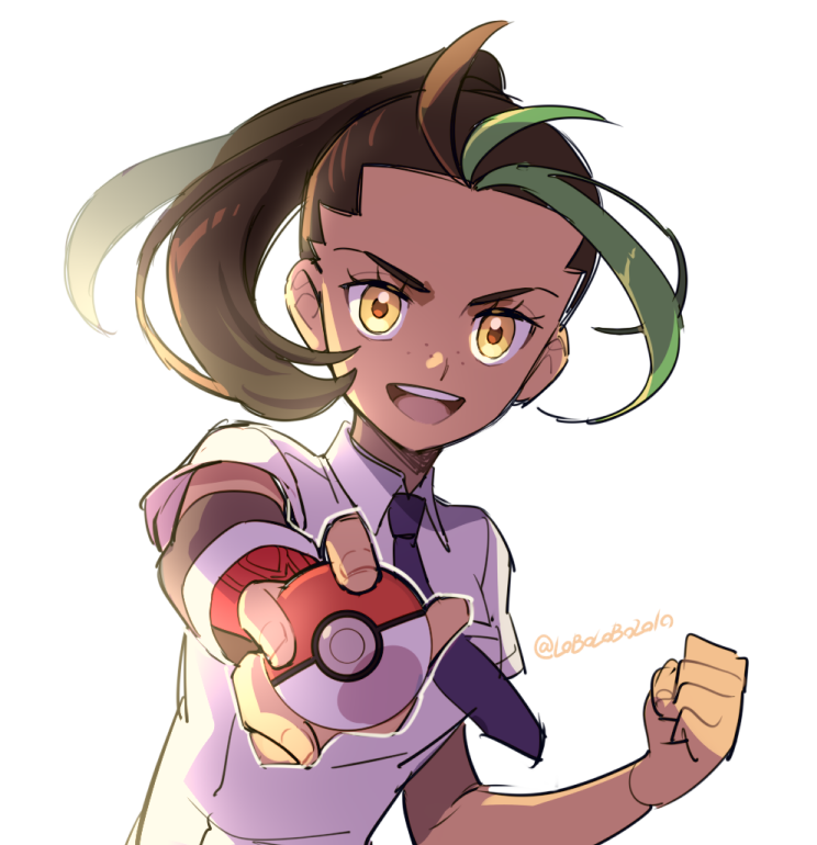 1girl :d brown_hair clenched_hand collared_shirt eyelashes gloves green_hair holding holding_poke_ball momoji_(lobolobo2010) multicolored_hair necktie nemona_(pokemon) open_mouth poke_ball poke_ball_(basic) pokemon pokemon_(game) pokemon_sv ponytail shirt short_sleeves simple_background single_glove smile solo streaked_hair teeth tongue twitter_username upper_body upper_teeth watermark white_background yellow_eyes