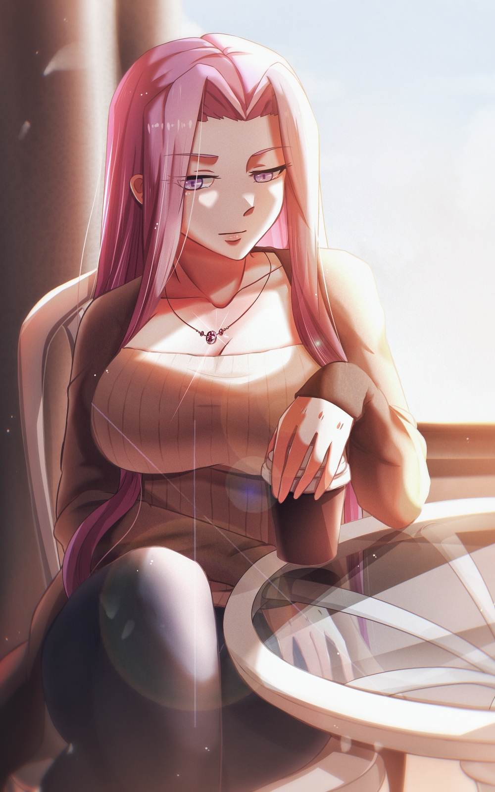 1girl alternate_costume breasts coffee_cup crossed_legs cup disposable_cup fate/grand_order fate_(series) forehead highres hoshidou-sama jewelry large_breasts long_hair medusa_(fate) medusa_(rider)_(fate) necklace purple_hair solo square_pupils sweater violet_eyes