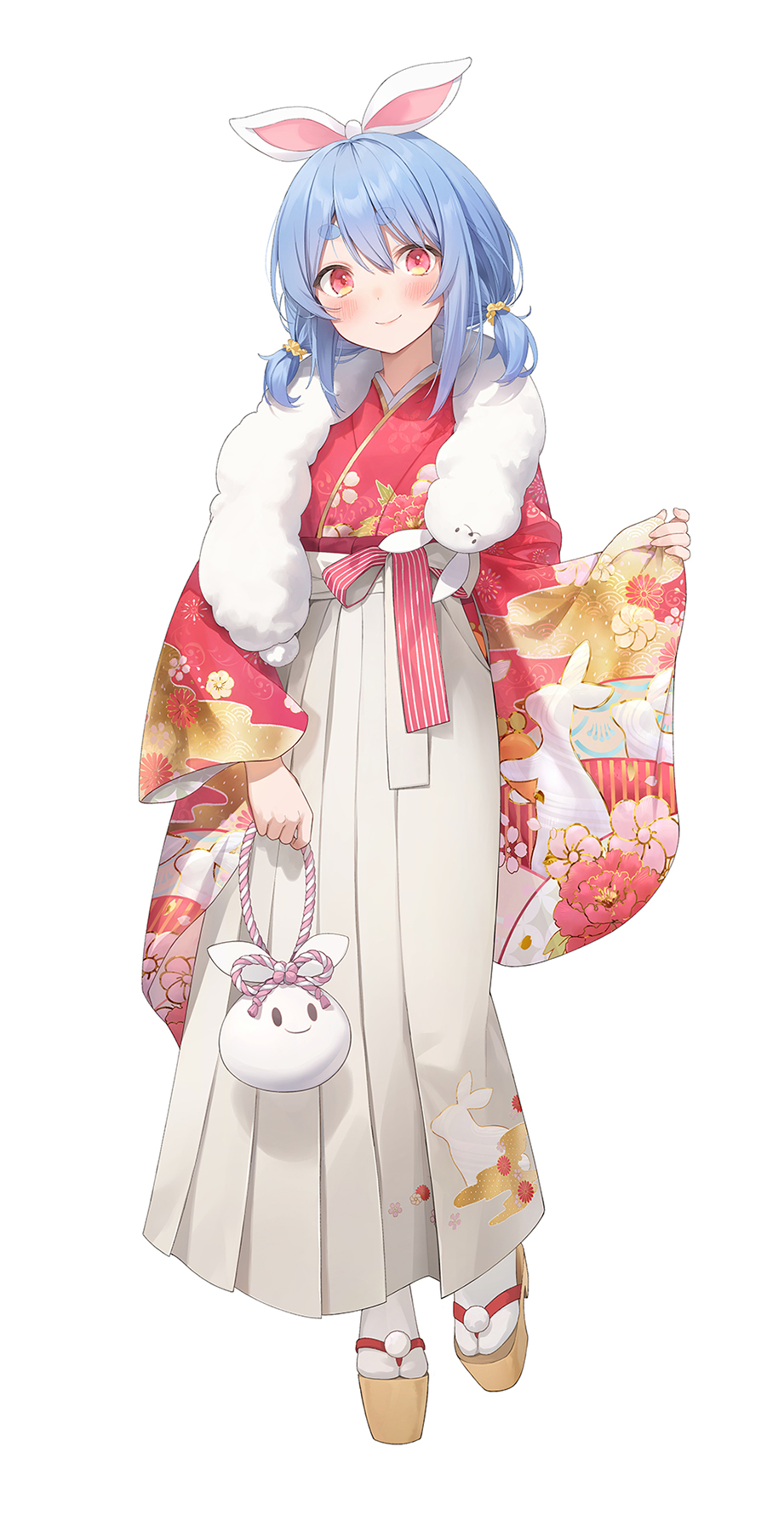 1girl animal_ears bag bangs blue_hair blush closed_mouth fake_animal_ears floral_print furisode gawain_(artist) hair_between_eyes hair_ornament handbag highres holding holding_bag hololive japanese_clothes kimono looking_at_viewer okobo rabbit_ears rabbit_girl red_eyes red_kimono short_hair simple_background skirt tabi tied_ears usada_pekora virtual_youtuber white_background