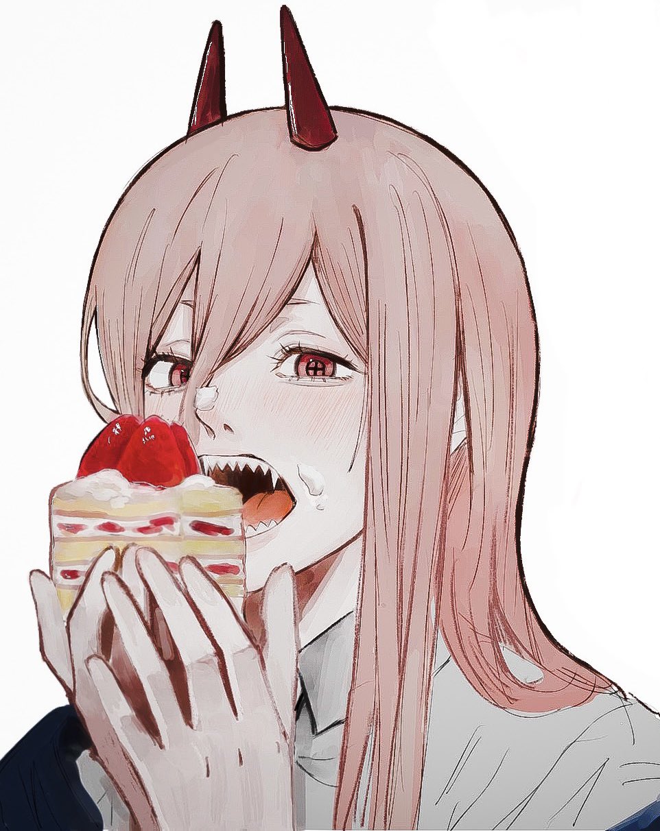 1girl blue_jacket cake cake_slice chainsaw_man collared_shirt cross-shaped_pupils food fruit hair_between_eyes highres holding holding_food horns jacket jacket_partially_removed long_hair looking_at_viewer open_mouth pink_hair power_(chainsaw_man) red_eyes red_horns sharp_teeth shirt simple_background solo strawberry strawberry_shortcake symbol-shaped_pupils teeth toketsu_(tikusyou125) white_background white_shirt