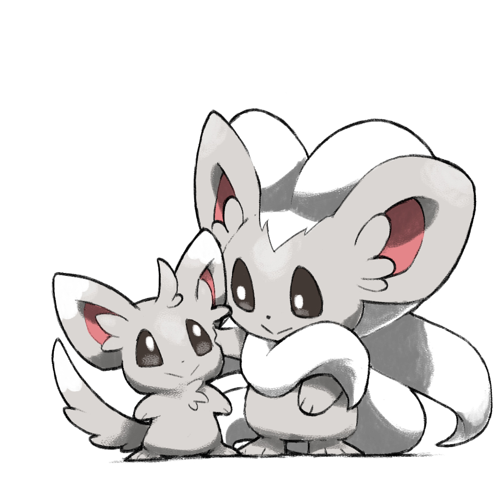 :&gt; blacknirrow bright_pupils brown_eyes cinccino closed_mouth english_commentary evolutionary_line hand_on_another's_face looking_at_another minccino no_humans pokemon pokemon_(creature) simple_background smile split_mouth standing white_background white_pupils