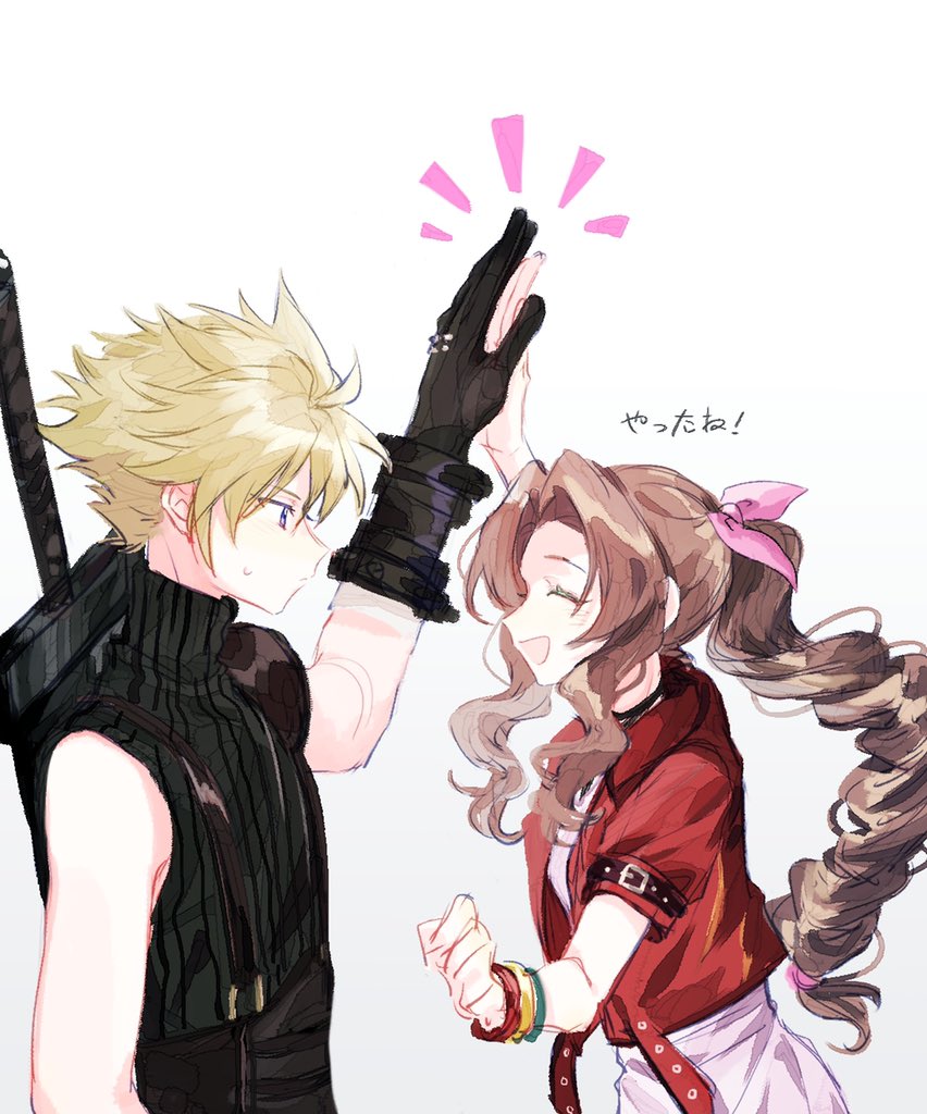 1boy 1girl aerith_gainsborough armor bangle bangs black_gloves black_shirt blonde_hair bracelet braid braided_ponytail brown_hair cloud_strife cropped_jacket dress final_fantasy final_fantasy_vii final_fantasy_vii_remake gloves hair_between_eyes hair_ribbon high_five jacket jewelry long_hair looking_at_another open_mouth parted_bangs pink_dress pink_ribbon piyogame2 profile red_jacket ribbon shirt short_hair short_sleeves shoulder_armor sidelocks simple_background sleeveless sleeveless_turtleneck smile spiky_hair sweatdrop turtleneck upper_body weapon weapon_on_back