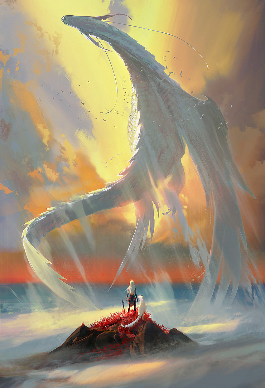 1girl animal bird clouds cloudy_sky creature dragon english_commentary fantasy feathered_dragon feathered_wings feathers flying highres looking_at_animal original planted planted_sword ross_tran scenery sky sword weapon western_dragon white_hair wings