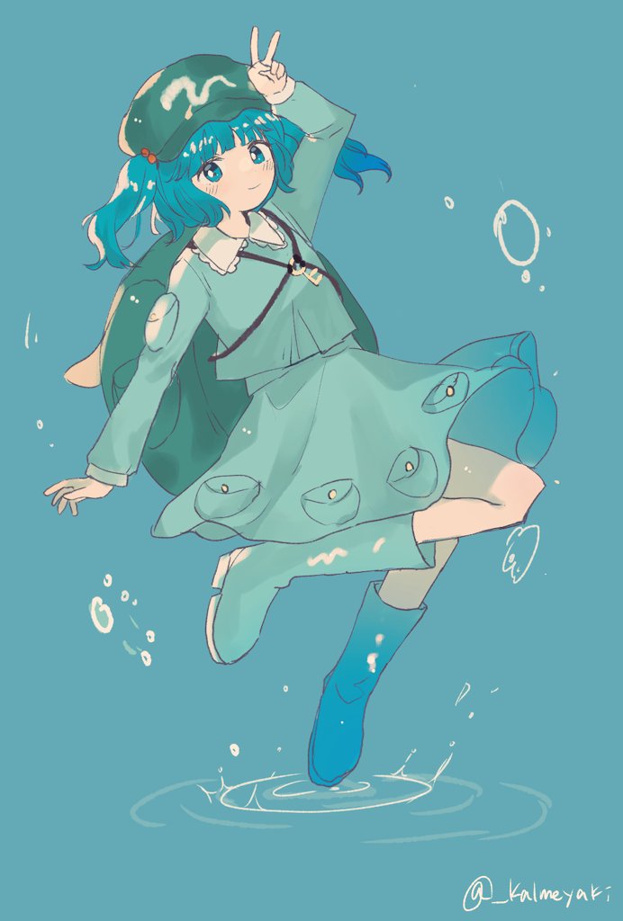 1girl air_bubble aqua_dress arm_up backpack bag bangs blue_background blue_eyes blue_footwear blue_hair blunt_bangs boots bright_pupils bubble closed_mouth dress frilled_shirt_collar frills green_bag green_headwear hair_bobbles hair_ornament hat kalmeyaki kawashiro_nitori light_smile long_sleeves looking_at_viewer one-hour_drawing_challenge pocket puddle rubber_boots short_twintails simple_background solo splashing standing standing_on_one_leg touhou twintails twitter_username v white_pupils
