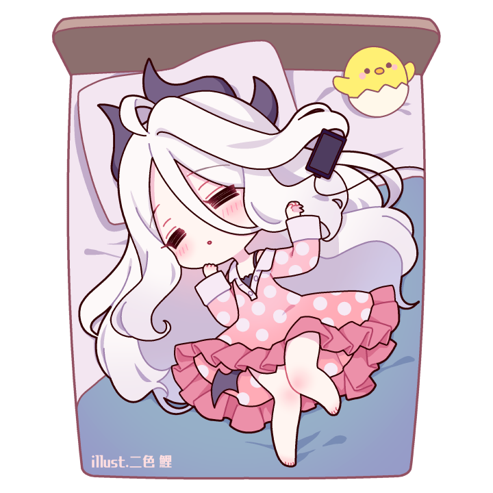 1girl bangs bed bed_sheet blanket blue_archive cable cellphone chibi commentary_request demon_girl demon_horns demon_wings from_above hair_between_eyes hina_(blue_archive) horns long_hair long_sleeves looking_at_viewer lying nishiki_koi official_alternate_costume on_back pajamas parted_lips phone pillow polka_dot polka_dot_pajamas sidelocks sleeping smartphone solo stuffed_chicken white_hair wings