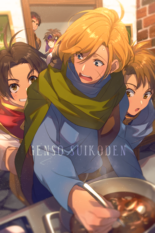 1girl 4boys cleo_(suikoden) closed_mouth echo_(circa) gensou_suikoden gensou_suikoden_i multiple_boys open_mouth short_hair ted_(suikoden) tir_mcdohl