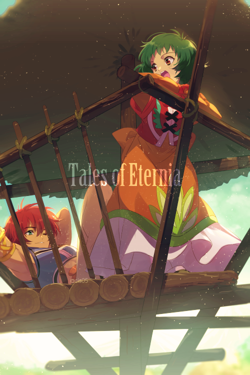 1boy 1girl :d back_bow bow brown_eyes clouds cropped_jacket dress echo_(circa) farah_oersted full_body green_hair multiple_boys one_eye_closed open_mouth orange_dress redhead reid_hershel short_hair smile tales_of_(series) tales_of_eternia