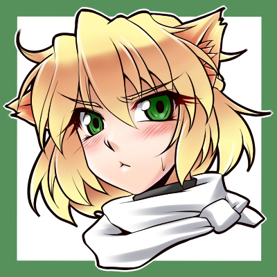 1girl :&lt; animal_ears bangs blonde_hair cat_ears closed_mouth commentary_request green_background green_eyes hair_between_eyes kemonomimi_mode looking_at_viewer lowres mizuhashi_parsee ootsuki_wataru pointy_ears portrait scarf short_hair solo touhou two-tone_background white_background white_scarf