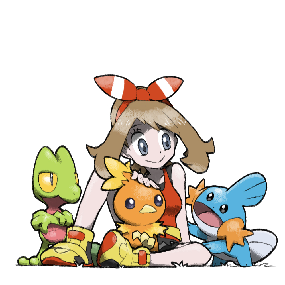 1girl bare_shoulders blacknirrow blue_eyes breasts brown_hair closed_mouth english_commentary hairband long_hair may_(pokemon) medium_breasts mudkip pokemon pokemon_(creature) pokemon_(game) pokemon_oras red_hairband red_tank_top simple_background sitting smile split_mouth starter_pokemon_trio tank_top torchic treecko white_background