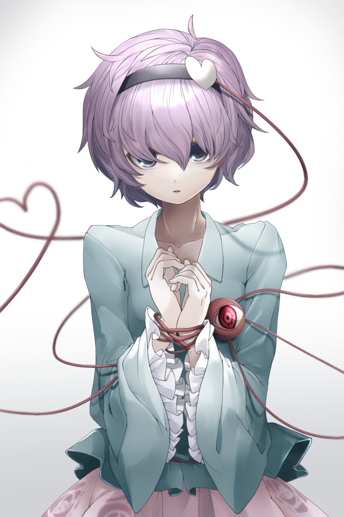 1girl black_hairband blouse blue_shirt bound bound_wrists collarbone collared_shirt commentary expressionless floral_print frilled_sleeves frills hair_ornament hair_over_eyes hairband hands_up heart heart_hair_ornament heart_of_string highres komeiji_satori long_sleeves looking_at_viewer parted_lips pink_skirt purple_hair red_eyes rose_print shirt short_hair skirt solo third_eye touhou upper_body violet_eyes wide_sleeves zebra_arm_16