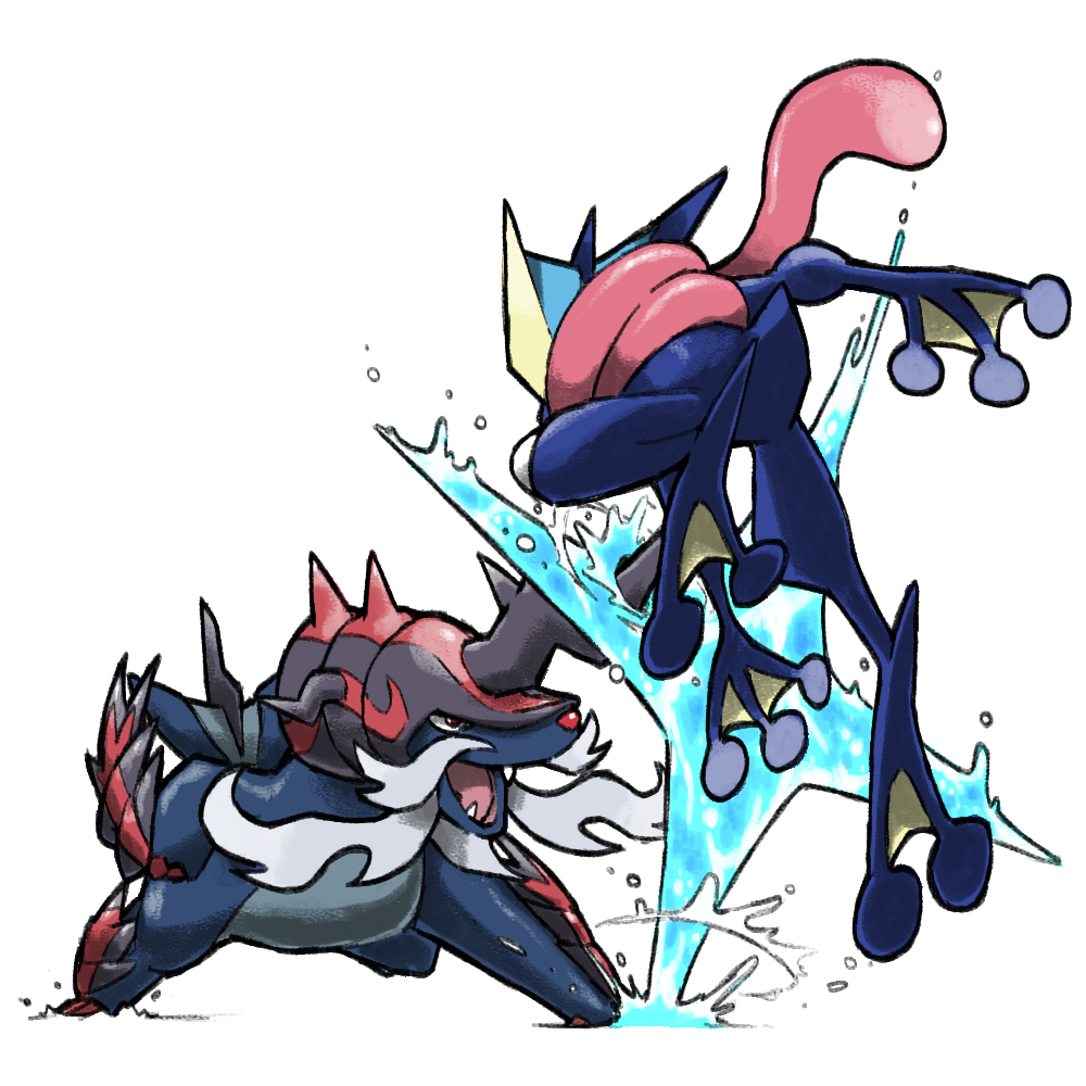 battle blacknirrow claws english_commentary greninja hisuian_samurott long_tongue no_humans open_mouth pokemon pokemon_(creature) red_eyes seashell sharp_teeth shell shuriken simple_background teeth tongue water weapon webbed_feet white_background