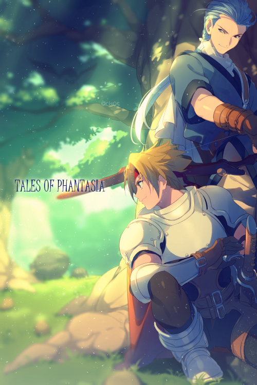 2boys armor blonde_hair blue_eyes brown_eyes cape chester_burklight closed_mouth cress_albane echo_(circa) gloves headband male_focus multiple_boys ponytail red_cape smile sword tales_of_(series) tales_of_phantasia tree weapon