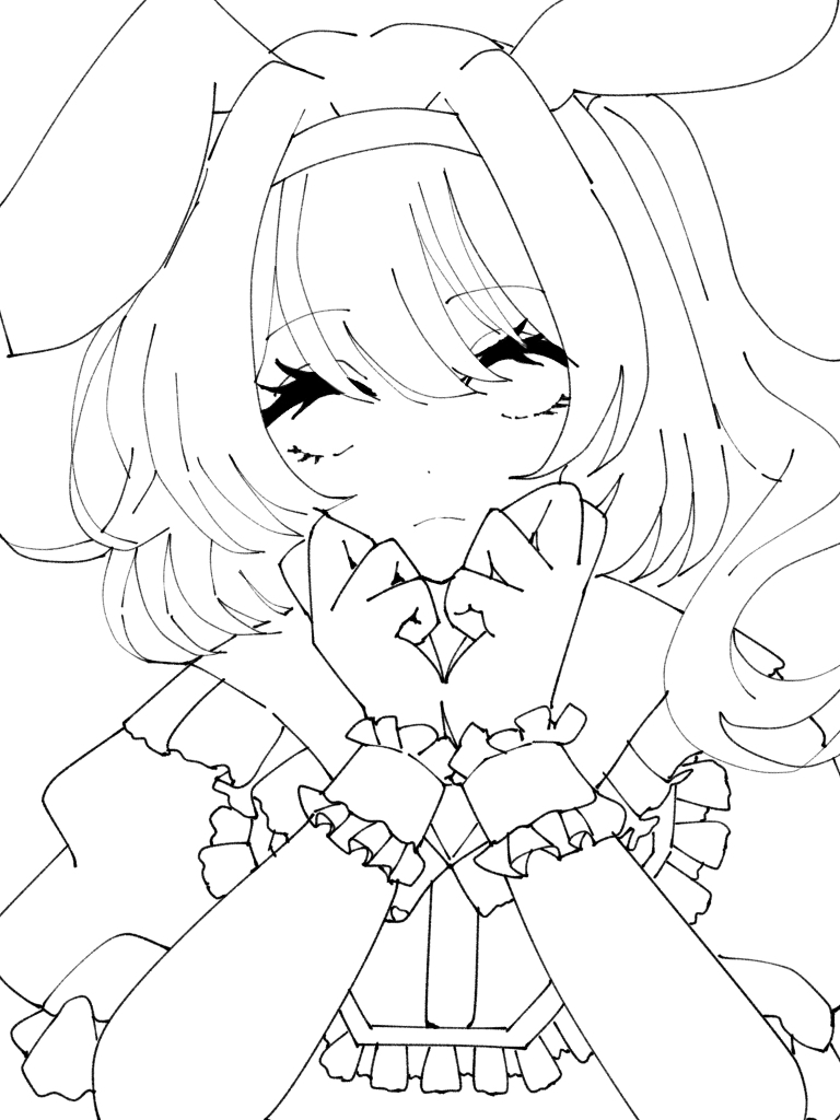 1girl animal_ears closed_mouth flandre_scarlet frilled_shirt_collar frills greyscale hairband lineart looking_at_viewer making-of medium_hair monochrome no_pupils own_hands_together puffy_short_sleeves puffy_sleeves rabbit_ears seserami short_sleeves side_ponytail solo touhou upper_body wrist_cuffs
