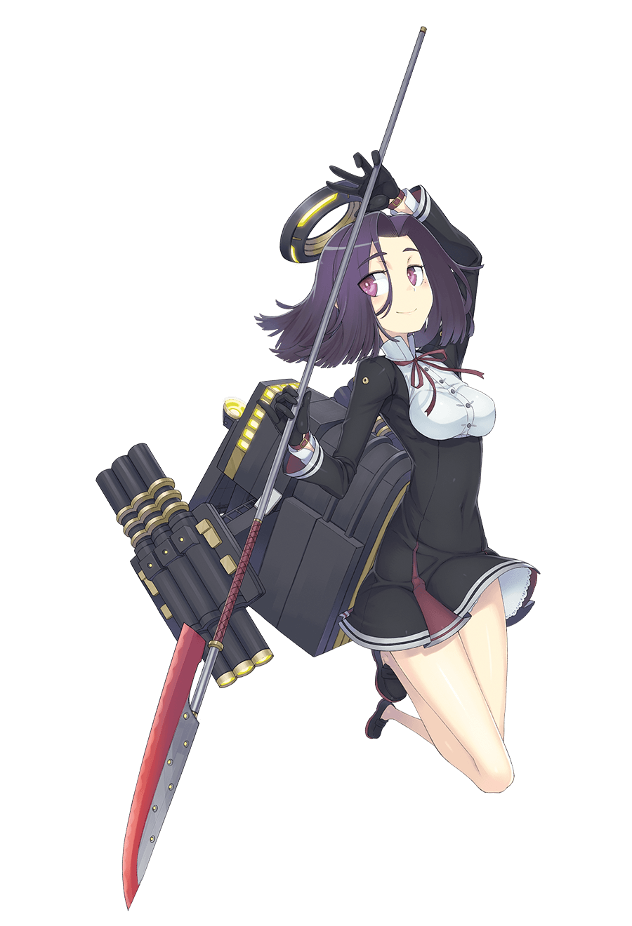 1girl ayaki black_gloves breasts closed_mouth dress full_body glaive_(polearm) gloves halo highres kantai_collection mechanical_halo medium_breasts mole mole_under_eye neck_ribbon official_art pleated_dress purple_hair red_ribbon ribbon rigging school_uniform short_hair smile solo tatsuta_(kancolle) torpedo transparent_background underbust violet_eyes