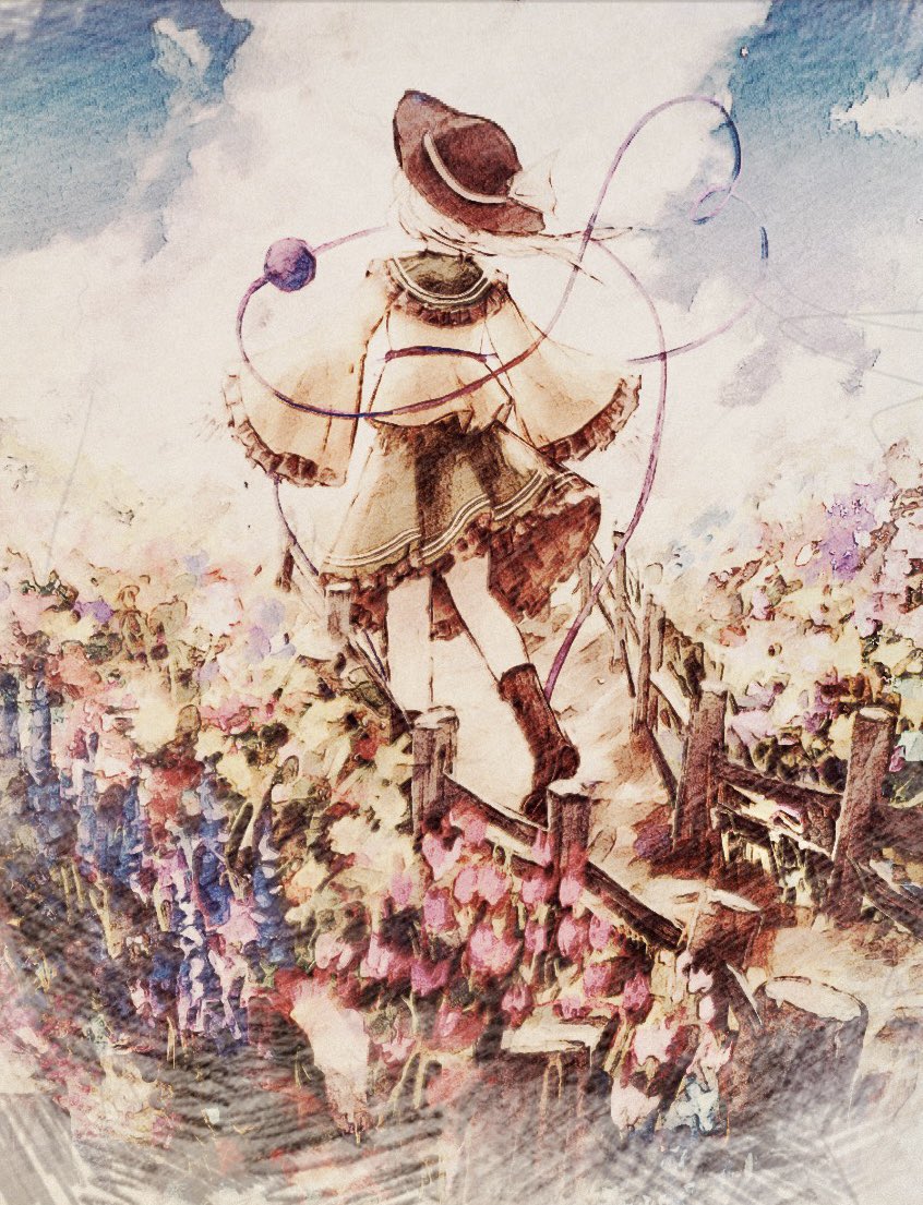1girl blouse blue_flower boots clouds day facing_away fence flower flower_request frilled_sleeves frills from_behind green_skirt hat hat_ribbon heart heart_of_string komeiji_koishi long_sleeves outdoors petals pink_flower ribbon shirt skirt sleeves_past_fingers sleeves_past_wrists solo third_eye tonan_(l0l0l0l0l0l) touhou wide_sleeves yellow_shirt