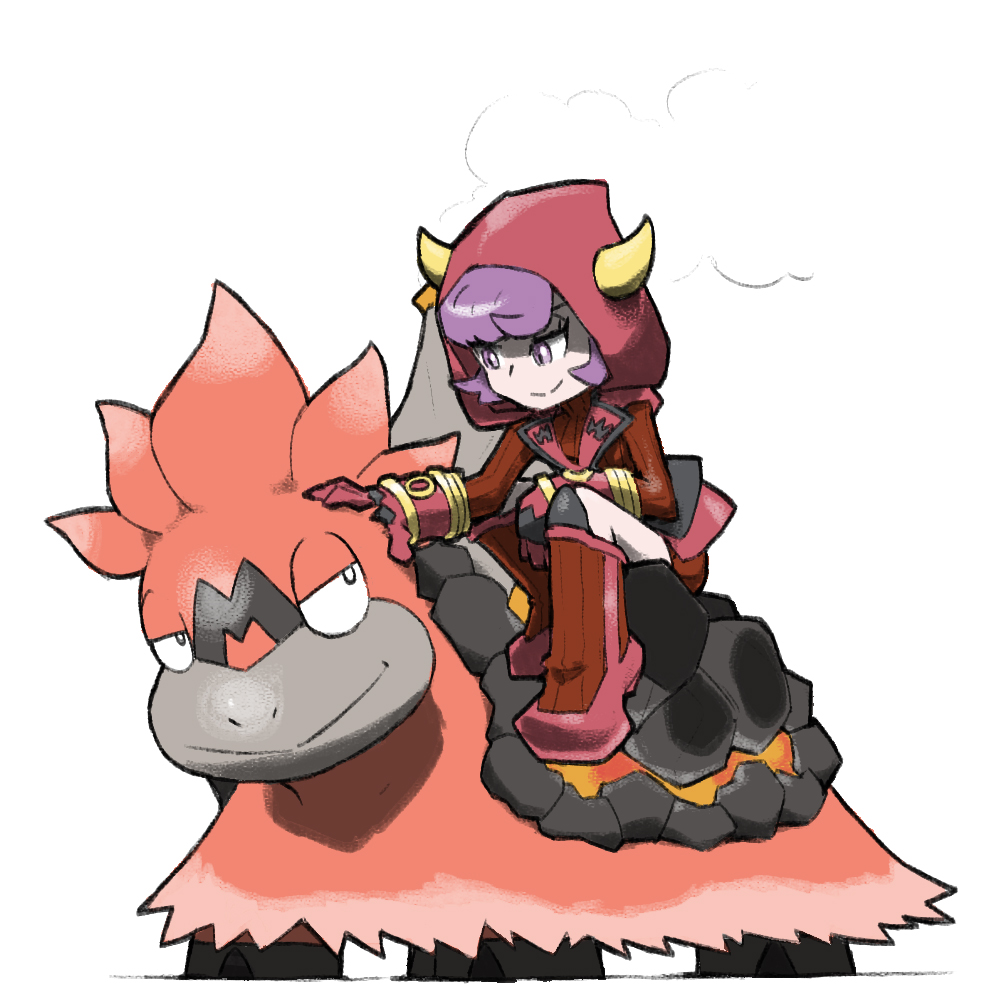 1girl blacknirrow camerupt closed_mouth courtney_(pokemon) english_text gloves hood hood_up horned_hood horns mega_camerupt mega_pokemon petting pink_gloves pokemon pokemon_(game) pokemon_oras purple_hair short_hair simple_background smile split_mouth team_magma turtleneck violet_eyes white_background