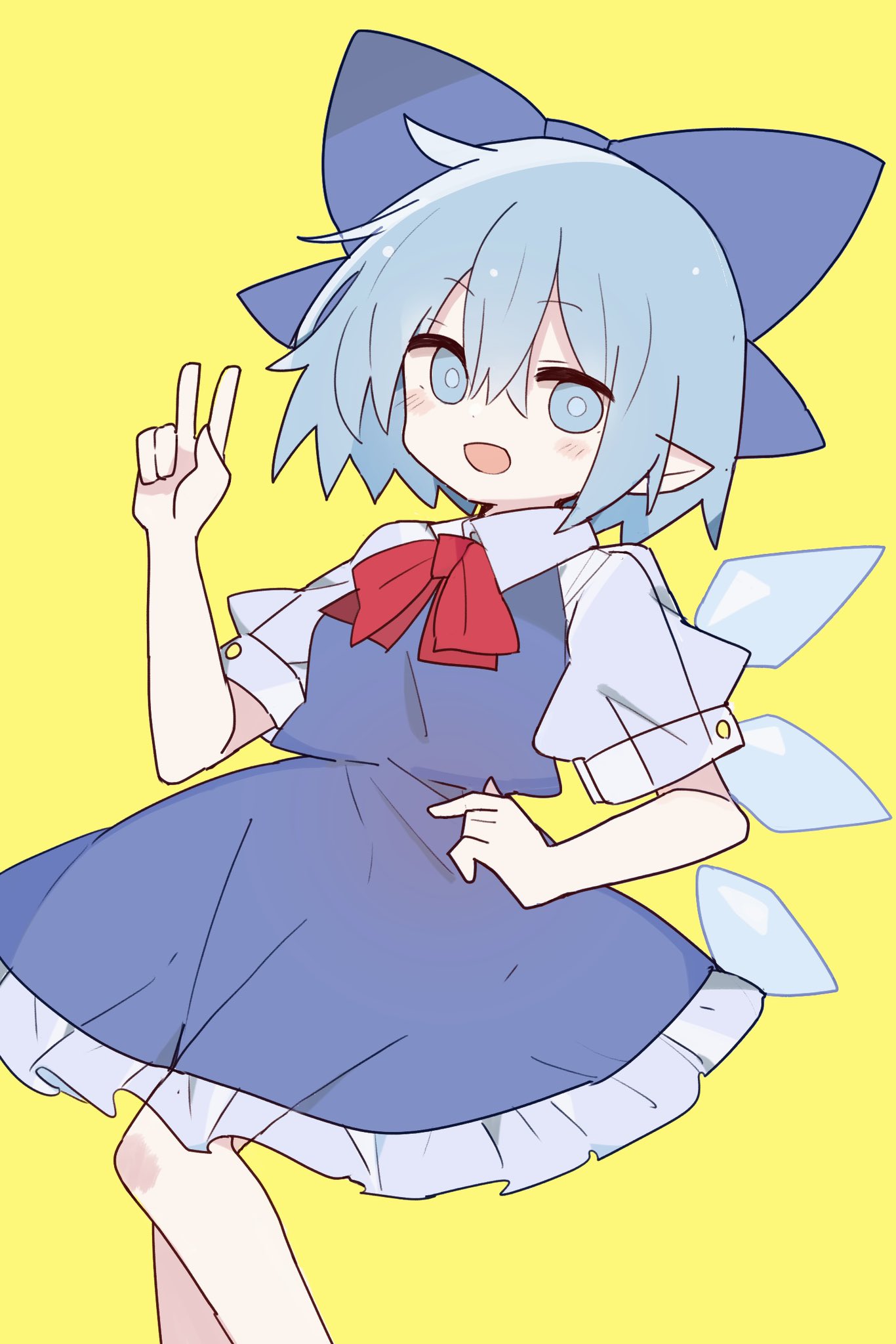 1girl 76gpo :d blue_bow blue_eyes blue_hair blue_skirt blue_vest bow cirno hair_bow highres ice ice_wings looking_at_viewer open_mouth pointy_ears shirt short_hair simple_background skirt smile solo touhou v vest white_shirt wings yellow_background